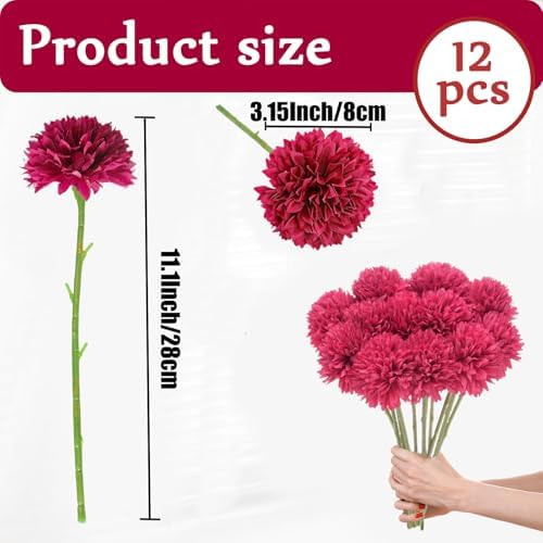 Tinsow 12Pcs Artificial Chrysanthemum Flowers Faux Bright Red Ball Flowers Burgundy Fall for Christmas Autumn Farmhouse Home Decoration (12,Bright Red) - Image 2