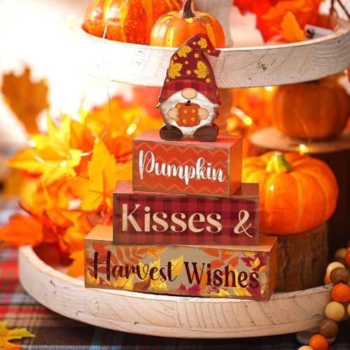 4 Pcs Fall Decor for Home Gnomes Pumpkin Wooden Signs with Harvest Wishes - Image 6