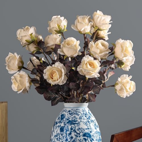 Artificial Flowers Artificial Roses 23.2In Fake Roses Long Stem Artificial Flowers for Tall Vase Silk Rose Suitable for Indoor Decor Wedding Party Decor DIY Bouquet Autumn (Milky White，20PCS) by ENALGRE