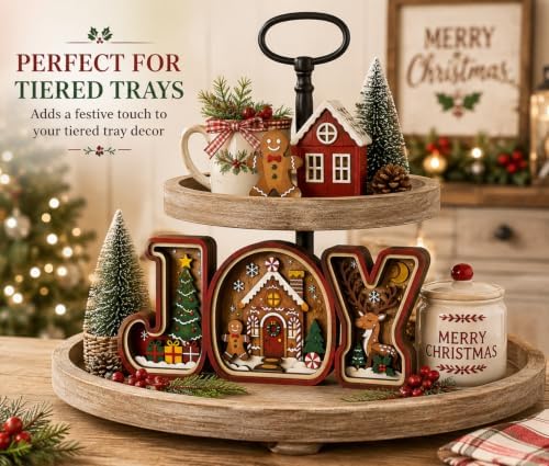 Gingerbread Christmas Decorations, 3D Wooden JOY Sign with Christmas Tree and Reindeer, Vintage Merry Christmas Tiered Tray Decor for Office Desk Party Kitchen, Tabletop, Shelf and Farmhouse Mantel (Gingerbread Christmas Decorations) - Image 3