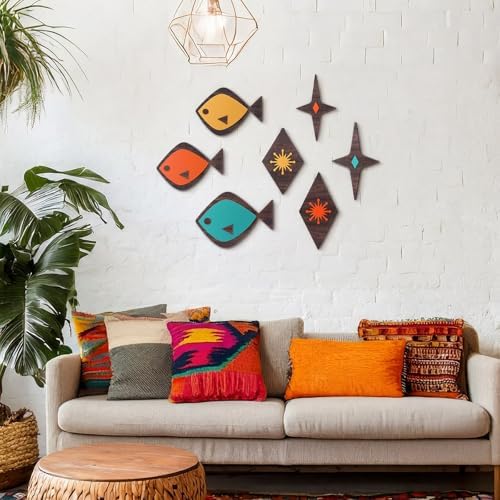 Youyole 7 Pcs Mid Century Modern Wall Art Abstract Fish Wall Decor Retro Atomic Stars Fish Starbursts Vintage Minimalist Mcm Hanging Sculpture 1950s Decor for Living Room Office Beach Home Accents - Image 5