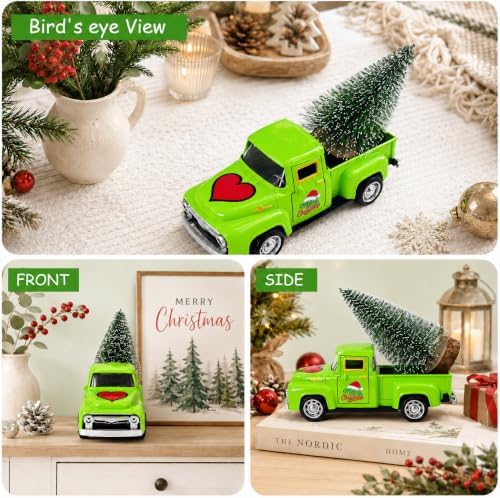 Christmas Green Truck Decor, 4.9 Inch Vintage Metal Pickup Truck with Christmas Tree, Mini Farmhouse Holiday Tabletop Decoration for Tiered Tray, Kitchen, Living Room and Christmas Centerpiece - Image 4