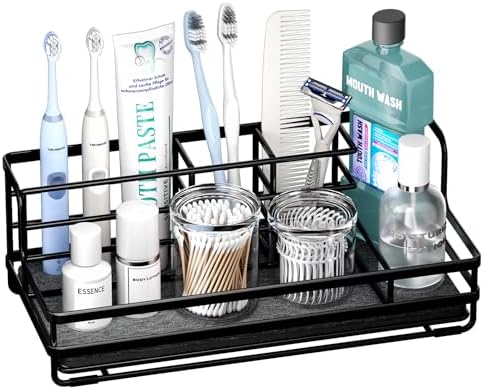 HapiRm Toothbrush Holders for Bathroom - 5 Partitions Bathroom Counter Organizer with Instant Drying Stone, Stainless Steel Countertop Storage Electric Toothbrush Toothpaste Holder - Black by HapiRm