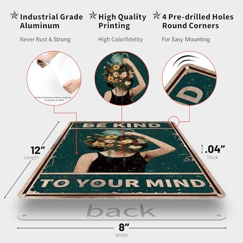 Wall Decor Art Vintage Tin Metal Sign Be Kind to Your Mind Plants Decors Poster Boho Room Decor Aesthetic for Home Bedroom Office Women Gifts 8X12 Inches - Image 2
