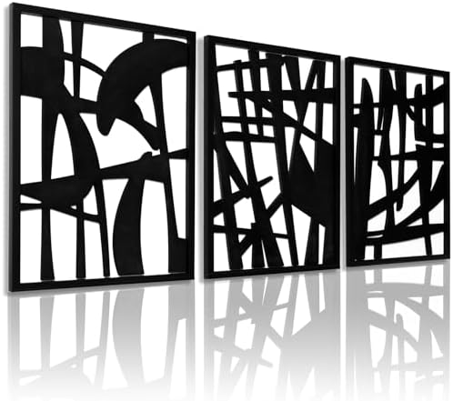 3D Wood Abstract Wall Art, Framed Black and White Wall Art, Modern Minimalist Black Wall Decor for Living Room Bedroom Bathroom Dining Room (Ready to Hang, 12x16 inches, Set of 3, Framed) by KIOSSUT