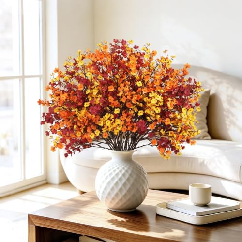 Uieke 15Pcs Fall Artificial Flowers Baby Breath, Burgundy & Orange Flowers - Image 7
