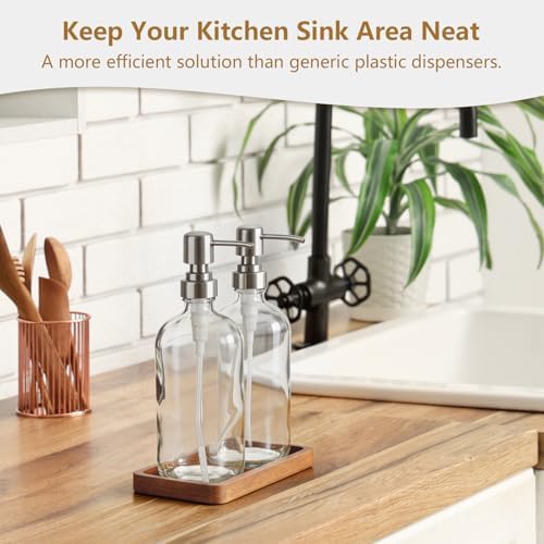 Clear Glass Soap Dispenser Set with Acacia Wood Tray, Refillable Hand Soap Pump Bottle for Kitchen, Bathroom Countertop, Modern Farmhouse Soap Dispenser Set - Image 2