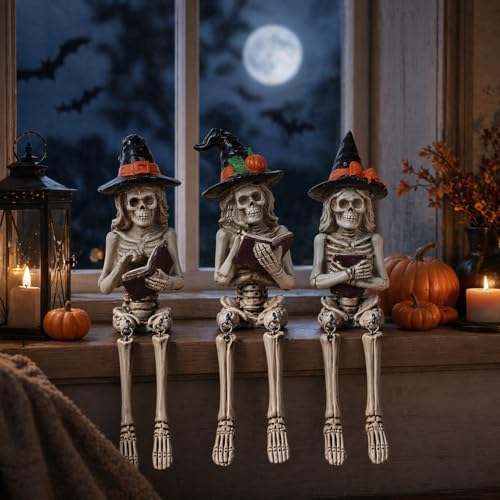Dlfghos 3 Pieces Halloween Skeleton Statue Halloween Skull Figurine Home Decor Reading Skeleton Figurines Decorations for Indoor Fireplace Home Kitchen Desk Office Party - Image 4