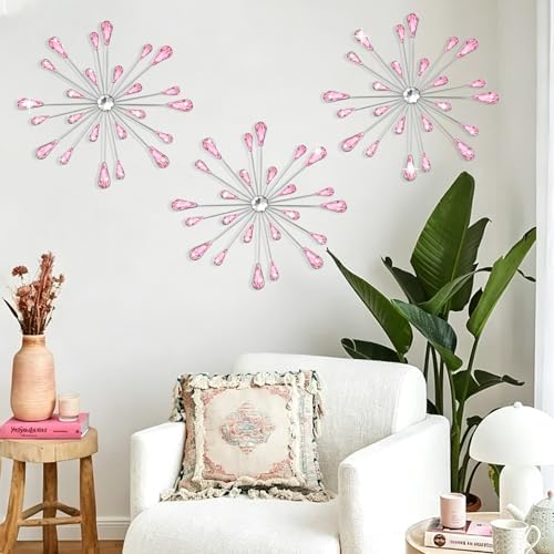 DXYAKY Set of 3 Pink Metal Starburst Wall Art Decor, Rhinestone Crystal Home Decor Accents, 11.8 Inch Decorative Wall Hanging Diamond, Jeweled Sparkle Wall Sculptures for Living Room Bedroom - Image 4