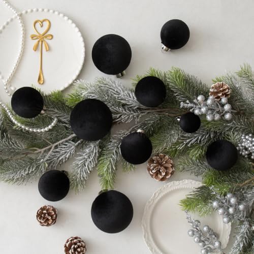 Velvet Christmas Ball Ornaments - 30pcs Flocked Christmas Ornaments Set Shatterproof Classic Hanging Xmas Tree Decorations with Rope for Wreath Holiday Home Decor (Black) - Image 3