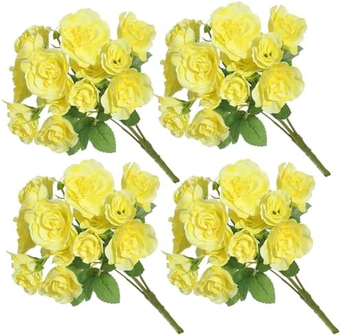 Silk Roses Flower Bouquet 4 Bundles 60 Heads for Wedding Home, Yellow by WishTip
