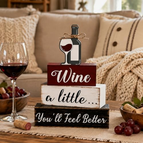 Marsui 4 Pcs Wine Decorations Wooden Farmhouse Wine Bar Sign for Kitchen - Image 2