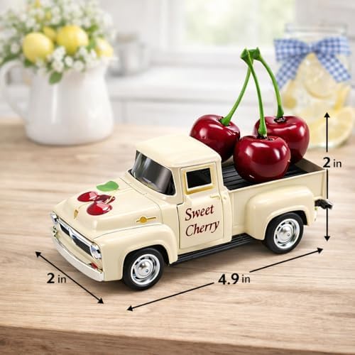Cherry Truck Decor, Vintage Cream Pickup Truck with Cherry Arrangement, Rustic Farmhouse Summer Tiered Tray Decor, Kitchen Table Centerpiece, Home Office Shelf Decorations - Image 5