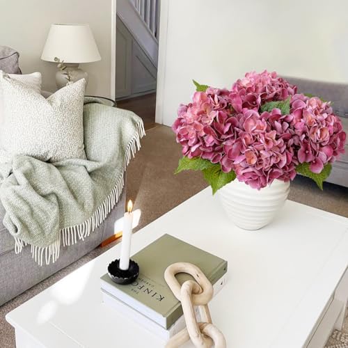 JINWOE Magenta Pink Hydrangea Artificial Flowers, 4Pcs 21” Latex Real Touch Flowers, Full Faux Silk Flowers Fake Artificial Hydrangeas with Stems for Bouquet Table Centerpieces Wedding Baby Showers - Image 3