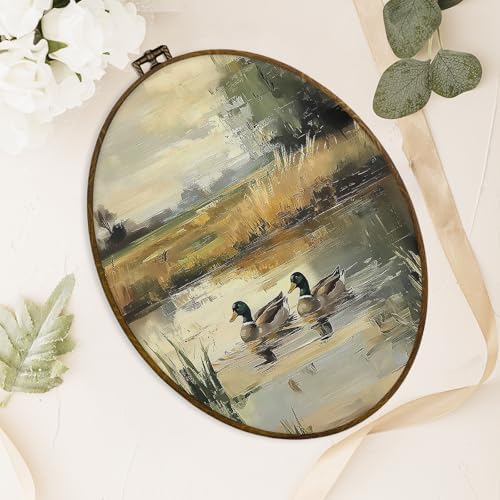 dvhdajed Vintage Mallard Duck Oval Wall Art Decor, Rustic Farmhouse Ducks Framed Canvas Art, Rustic Cottagecore Mallard Duck Oval Wall Hanging Decor for Nursery Bedroom Living Room, 8.7x11.3 Inch - Image 4