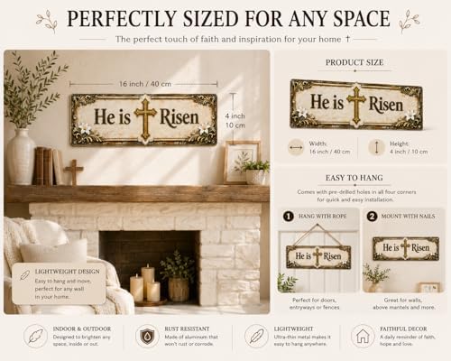 Love You, Bye – Vintage Metal Wall Sign, Metal Signs, Hallway Entryway Door Signs Decor, 16 X 4 Inch Aluminum Rustic Wall Art, Farmhouse Style Hanging Plaque for Decoration (1, He is Risen-Gold, M) - Image 4