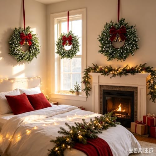 4 Set Christmas Hanging Wreaths Small Snow Flocked Artificial Cedar Wreaths with Red Velvet Ribbon Bronze Bells Mini Faux Greenery Wreath for Front Door Porch Cabinet Window Xmas Holiday Decorations - Image 5