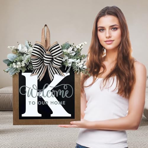 Ultra Large 14'' Last Name All Year Round Front Door Wreath with 26 Initial Letter Welcome Sign All Seasons Eucalyptus Garland and Bow Wreaths for Front Door Porch Farmhouse Decoration (K) by Unknown