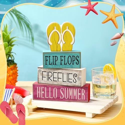 Yuntau 4 Pcs Summer Table Decorations Wood Block Sign Tiered Tray Decor - Image 2