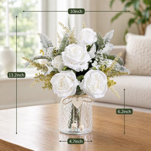 Fake Flowers in Vase, White Rosea Artificial Flowers Arrangement - Image 5