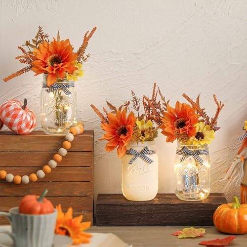Fall Mason Jar Centerpiece for Table with LED Lights & Artificial Flowers - Image 6