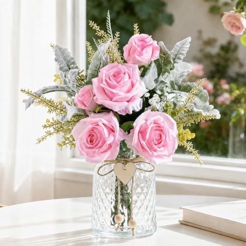 Faux Flowers in Vase Pink Roses Floral Arrangements for Home Decor by FLEURIFI