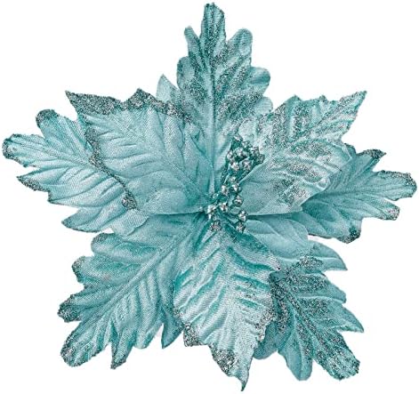 Glitter Decorated Large Poinsettias Decorative Christmas Flower Stems for Christmas Tree Wreaths Wedding Decor, Blue, 10pcs 9.4" by FuleHouzz