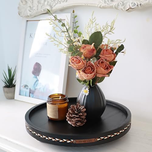 Round Wooden Decorative Tray Coffee Table Tray Home Decor 11.8" Strip Black - Image 5