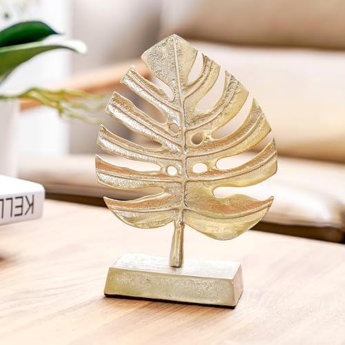 MyGift Brass Tone Metal Palm Leaf Modern Art Sculpture Decor, Monstera Plant Statue - Handcrafted in India - Image 3