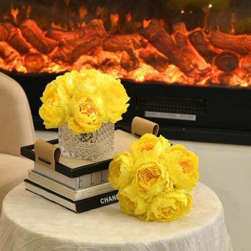 Artificial Peony Silk Flower Centerpieces with LED Light Faux Floral Arrangement in Glass Vase for Home Wedding Table Decoration (Yellow) - Image 3