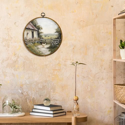 CUANFDDSF Vintage Countryside Farmhouse Chickens Round Wall Art, Rustic Cottagecore Kitchen Framed Hanging Wall Decor, Country Animal Scene Canvas Prints Decorations for Farm House Room, 10x10 Inch - Image 4