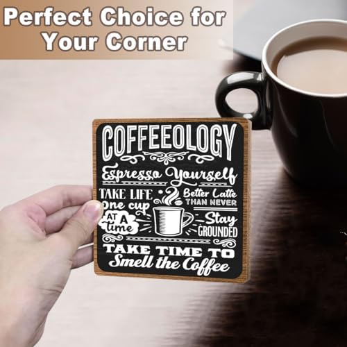 Funny Coffee Bar Decor, 5 x 5 Inch Wooden Desk Sign with Metal Stand - Image 5