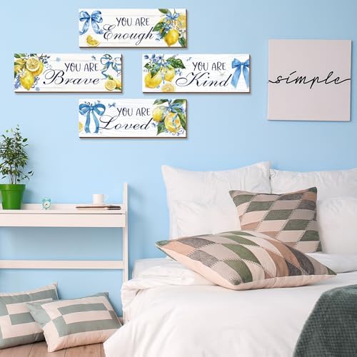 4 Pcs Lemon Bathroom Decor, Positive Affirmations Wall Art Decor, Inspirational Wooden Signs, Lemon Wall Art Hanging Plaques for Girls Bedroom Bathroom Living Room - Image 4