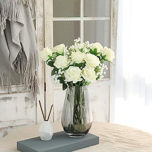 10Pcs Artificial White Roses Real Touch Roses Fake Silk Flower with Stems - Image 2