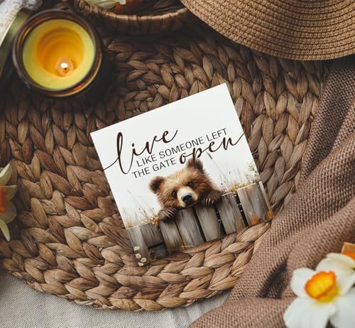 Rustic Bear Sign - Live Like Someone Left The Gate Open Wooden Box Signs, Bear Decorations For Home, Farmhouse Wood Decoration Home Decor For Desk Table Shelf 5x5 Inch - Image 4