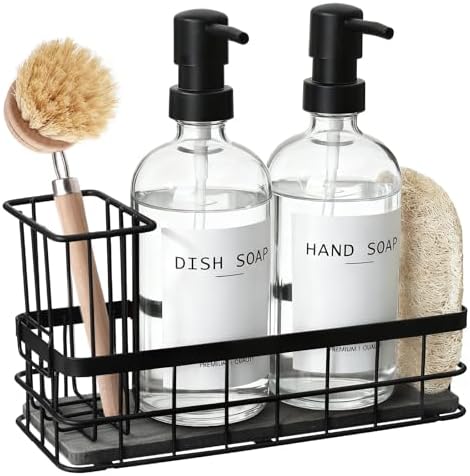 Dish Soap Dispenser for Kitchen, 16.9 fl oz Clear Hand and Dish Soap Dispensers, Kitchen Soap Dispenser Set with Sponge Holder, Brush Holder and Loofah Sponge, Countertop Sink Organizer Accessories by RYTOXILOBrightenUpYourHome