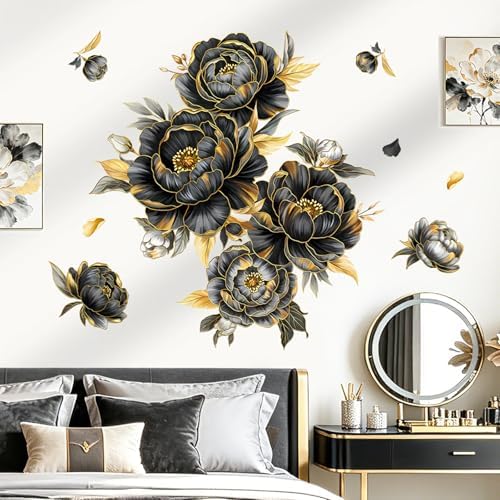 decalmile Black Gold Flower Peony Floral Leaves TV Wall Decals Stickers by decalmile