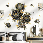 decalmile Black Gold Flower Peony Floral Leaves TV Wall Decals Stickers by decalmile