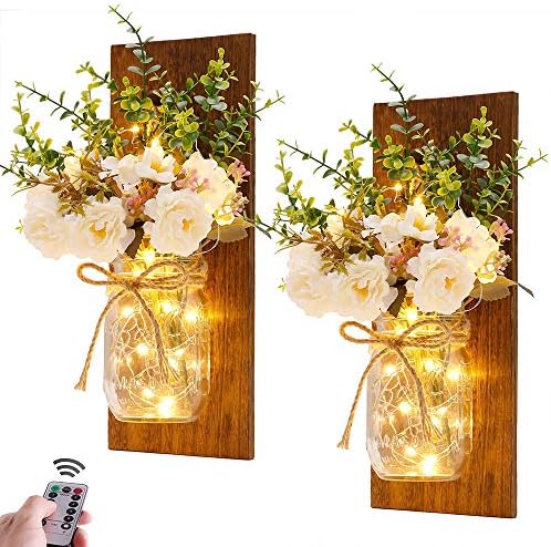 Rustic Wall Sconces Mason Jar Sconces Handmade Wall Art Hanging Design with Remote Control LED Fairy Lights and White Peony, Wall Decor Gift Farmhouse Wall Home Decor Living Room Lights Set of Two by HOMECOR