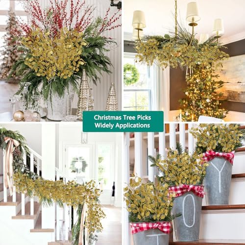 Oairse 8 Pcs Gold Glitter Christmas Tree Picks & Sprays, 26.8" Glitter Eucalyptus Leaves Stems for Christmas Tree Filler Branches Wreaths Centerpieces Holiday Decorations - Image 6