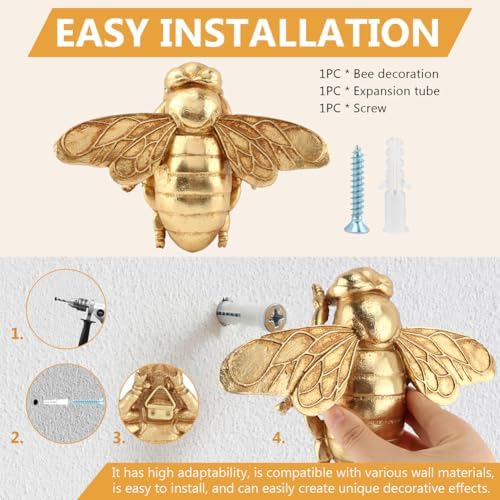 DOQXYAVM Gold Honey Bee Wall Art Decor, 3D Resin Bee Wall Sculpture, Hanging Insect Home Decoration for Living Room, Bedroom, Bathroom, Kitchen (L) - Image 4