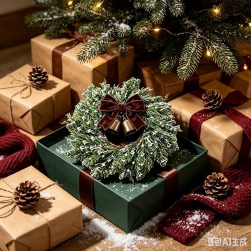 4 Pcs Small Christmas Hanging Wreaths Artificial Snow Flocked Cedar Wreaths with Brown Velvet Ribbon & Bronze Bells Mini Christmas Wreaths for Cabinet Porch Front Door Winter Xmas Holiday Decorations - Image 2