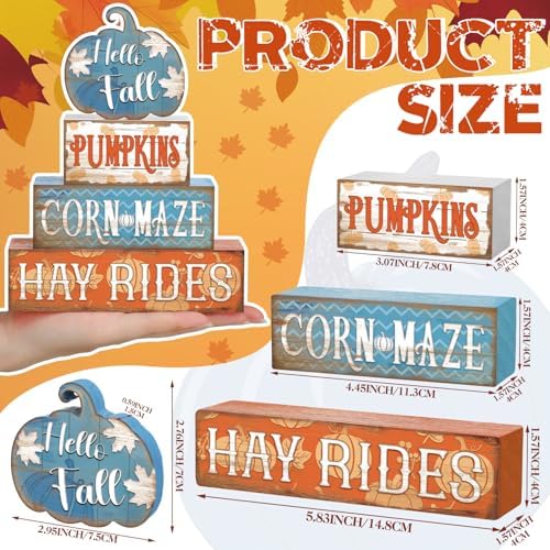 4 Pcs Fall Blue Pumpkin Decor for Home Hello Fall Wooden Signs with Blessed - Image 2