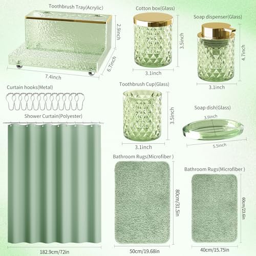 Green Bathroom Accessories Set - 20PCS Glass Bathroom Set with Shower Curtain and Rugs, Soap Dispenser, Soap Dish, Cup, Qtip Jar, Toothbrush Holder, Stylish & Functional Bath Decor for Home, Apartment - Image 6
