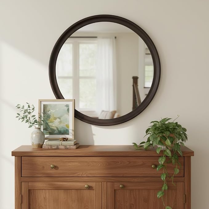 Round Wood Mirrors 30 Inch, Rustic Decorative Transitional Dark Walnut Wall - Image 4