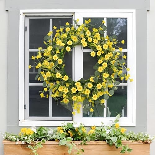 Pinkpum 22" Daisy Eucalyptus Wreath for Front Door, Artificial Spring Summer Floral Wreath for Front Door, Home Farmhouse Wedding Wall Window Decor - Image 3