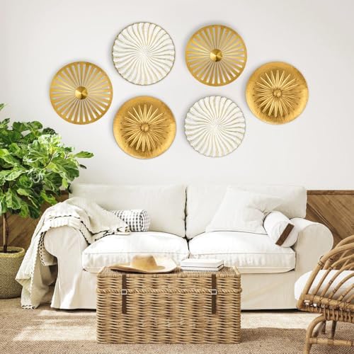 Briful 12" Wall Décor Pack of 3 Metal Gold & White Washed Starbursts Radial Plate Wall Art Modern Accent Hanging Wall Decorations For Home Office Bedroom Or Living Room Wall Sculptures - Image 3