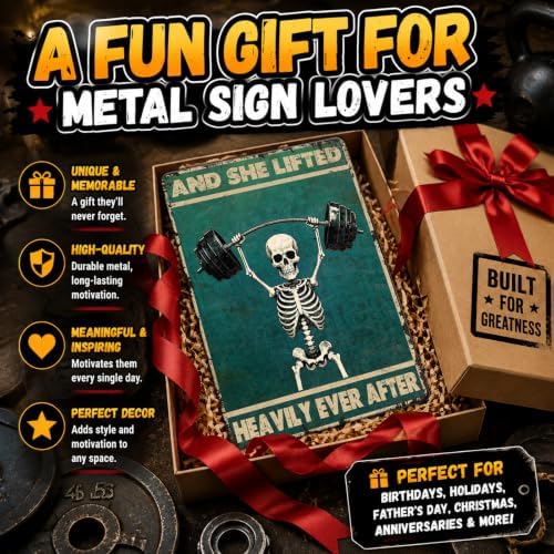 Skeleton Vintage And She Lifted Heavily Ever After Metal Tin Sign 12x16 Inch Gym Metal Poster Funny Skull Gym Tin Sign Home Kitchen Garden Bar Coffee Restaurant Bathroom Are Wall Decor - Image 6