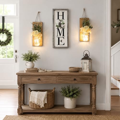 Mason Jar Wall Sconces Set of 2 with LED Lights and Faux Flowers - Image 4
