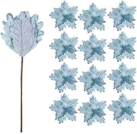 Glitter Decorated Large Poinsettias Decorative Christmas Flower Stems for Christmas Tree Wreaths Wedding Decor, Blue, 10pcs 9.4" - Image 2